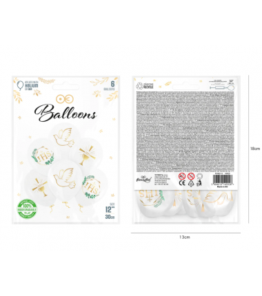Balony Komunia Święta - IHS, gołąbek, kielich 30 cm -  6 sztuk