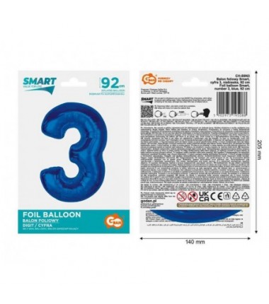 Balon foliowy Cyfra 3 - 92 cm SMART - Niebieski