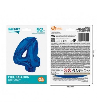 Balon foliowy Cyfra 4 - 92 cm SMART - Niebieski