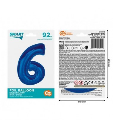 Balon foliowy Cyfra 6 - 92 cm SMART - Niebieski