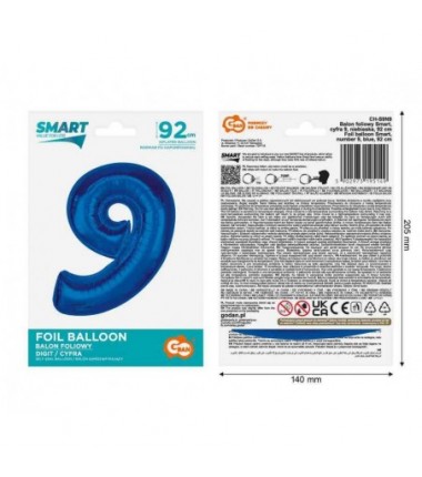 Balon foliowy Cyfra 9 - 92 cm SMART - Niebieski