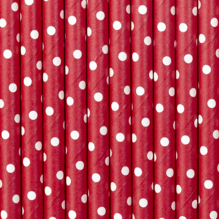 Słomki papierowe czerwone w białe kropki - 10 sztuk