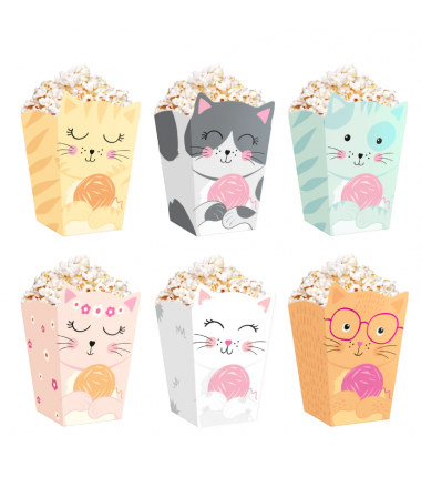 Pudełko na popcorn Kotki 8,5x15cm 6 sztuk