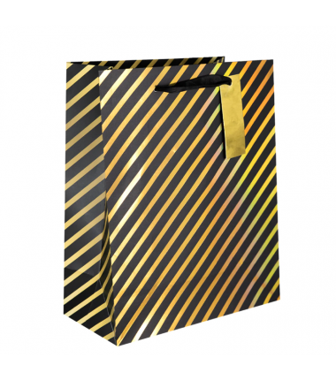 Torebka na prezenty czarno-złota mała 17,5x23x10 cm - paski