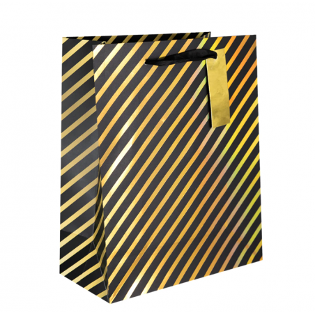 Torebka na prezenty czarno-złota mała 17,5x23x10 cm - paski