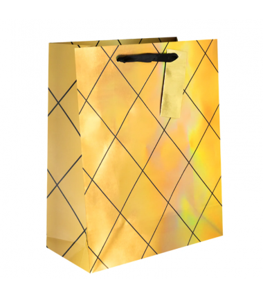Torebka na prezenty czarno-złota mała 17,5x23x10 cm - złota w kratkę