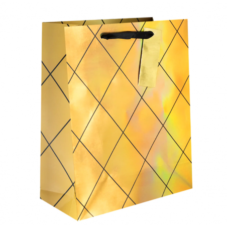 Torebka na prezenty czarno-złota mała 17,5x23x10 cm - złota w kratkę
