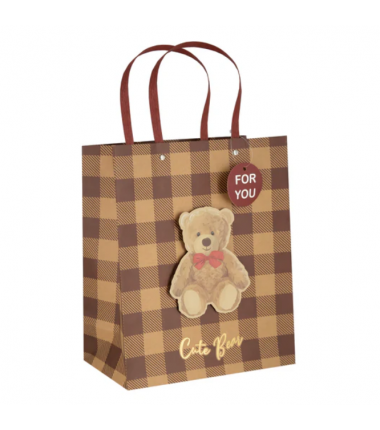 Torebka na prezenty angielska krata Misie 3D 45x26x12,5 - kwadraty