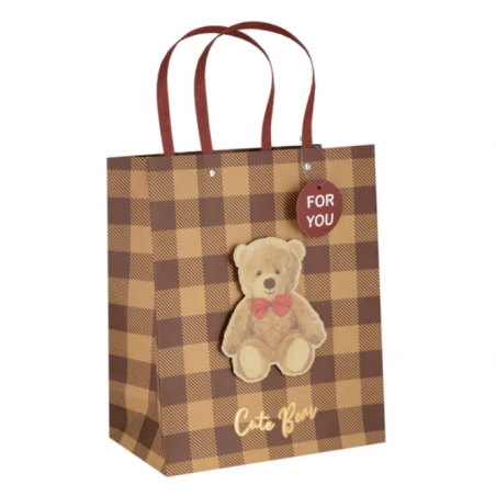 Torebka na prezenty angielska krata Misie 3D 45x26x12,5 - kwadraty