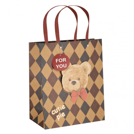 Torebka na prezenty angielska krata Misie 3D 45x26x12,5 - romby