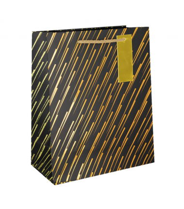 Torebka na prezenty czarna ze złotymi zdobieniami średnia - kreski 32x26cm