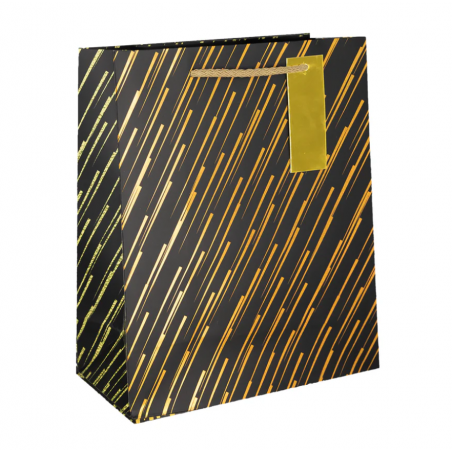 Torebka na prezenty czarna ze złotymi zdobieniami średnia - kreski 32x26cm
