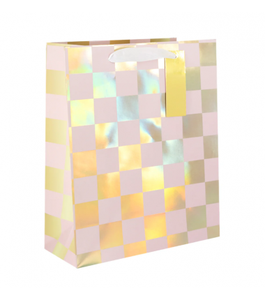 Torebka na prezenty Złota Kratka mała 17,5x23x10 cm - różowe i złote kwadraty