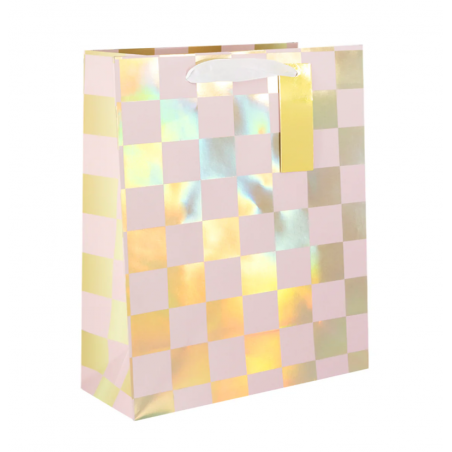 Torebka na prezenty Złota Kratka mała 17,5x23x10 cm - różowe i złote kwadraty