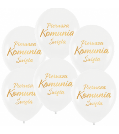 Balony nadruk komunijne Pierwsza Komunia Święta biało-złote - 6 sztuk