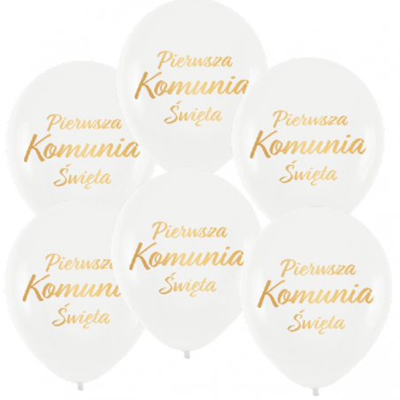 Balony nadruk komunijne Pierwsza Komunia Święta biało-złote - 6 sztuk