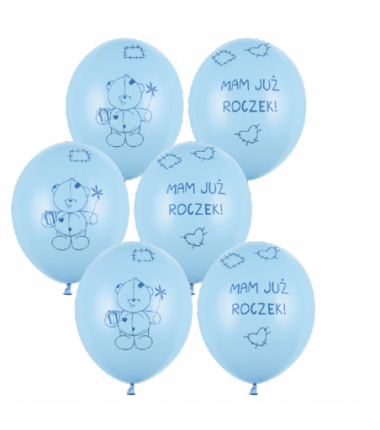 Balony nadruk mam już roczek miś - niebieskie 6 sztuk