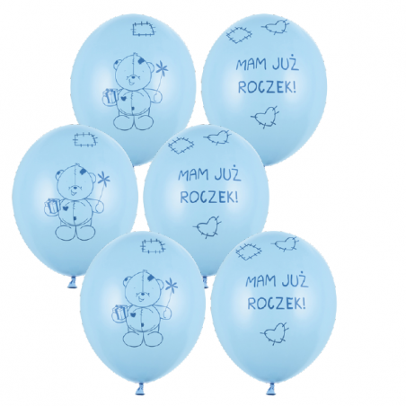 Balony nadruk mam już roczek miś - niebieskie 6 sztuk