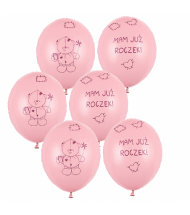 Balony nadruk mam już roczek miś - różowe 6 sztuk