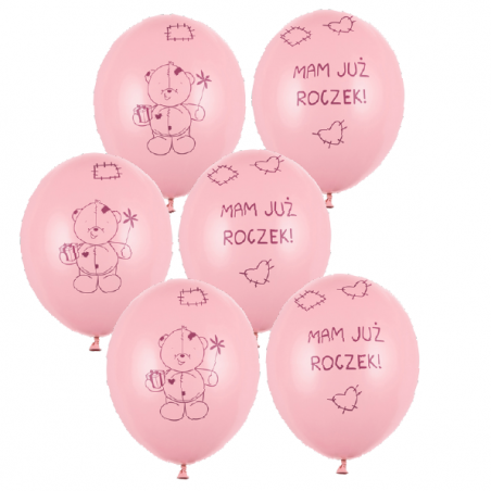Balony nadruk mam już roczek miś - różowe 6 sztuk