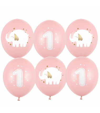 Balony nadruk roczek słonik - różowe 6 sztuk