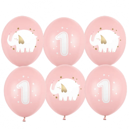 Balony nadruk roczek słonik - różowe 6 sztuk