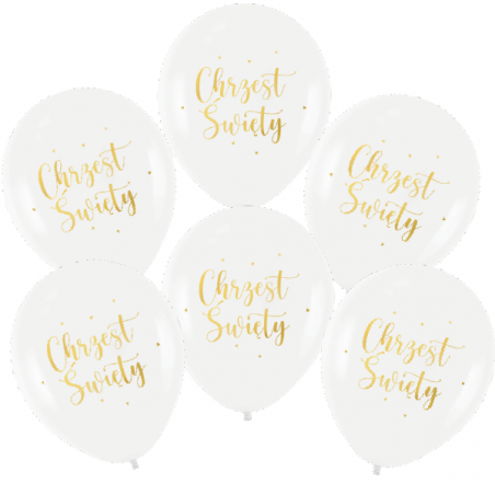 Balony nadruk na Chrzest Święty biodegradowalne biało-złote - 6 sztuk