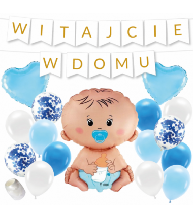 Box balonowy WITAJCIE W DOMU - złoty + bobas niebieski