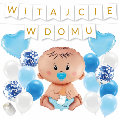 Box balonowy WITAJCIE W DOMU - złoty + bobas niebieski