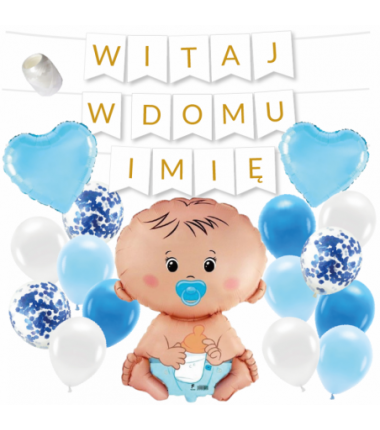 Box balonowy WITAJ W DOMU IMIĘ - złoty + bobas niebieski