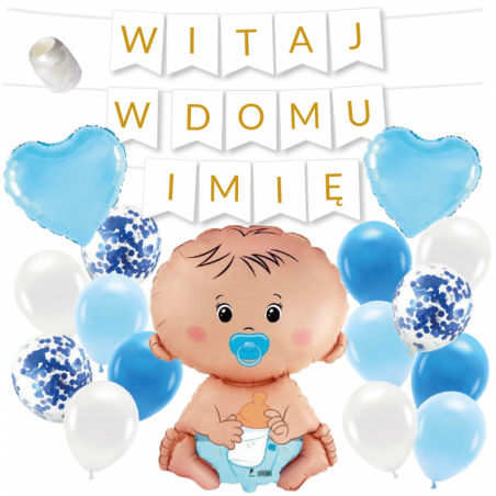 Box balonowy WITAJ W DOMU IMIĘ - złoty + bobas niebieski