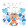 Box balonowy WITAJ W DOMU IMIĘ - złoty + bobas niebieski