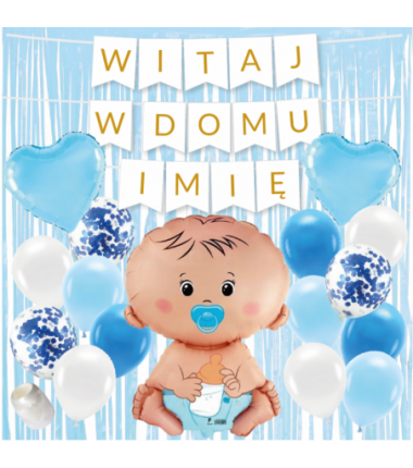 Box balonowy WITAJ W DOMU IMIĘ - złoty + bobas niebieski i kurtyna