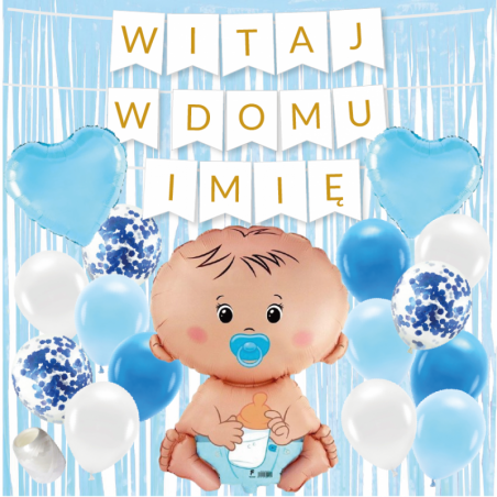Box balonowy WITAJ W DOMU IMIĘ - złoty + bobas niebieski i kurtyna