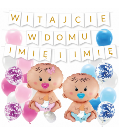 Box balonowy WITAJCIE W DOMU 2x IMIĘ - złoty + bobas niebieski różowy
