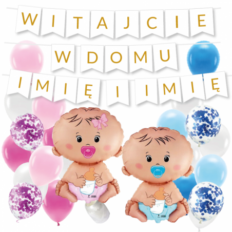 Box balonowy WITAJCIE W DOMU 2x IMIĘ - złoty + bobas niebieski różowy