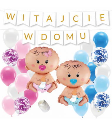 Box balonowy WITAJCIE W DOMU - złoty + bobas niebieski różowy