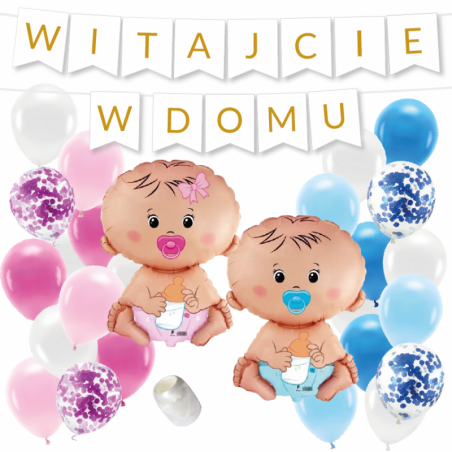 Box balonowy WITAJCIE W DOMU - złoty + bobas niebieski różowy