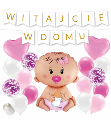 Box balonowy WITAJCIE W DOMU - złoty + bobas różowy