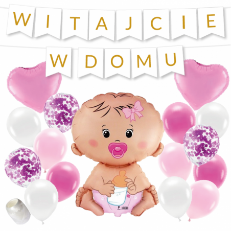 Box balonowy WITAJCIE W DOMU - złoty + bobas różowy