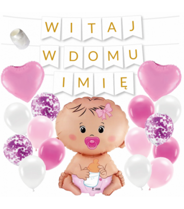 Box balonowy WITAJ W DOMU IMIĘ - złoty + bobas różowy
