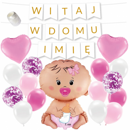 Box balonowy WITAJ W DOMU IMIĘ - złoty + bobas różowy