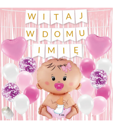Box balonowy WITAJ W DOMU IMIĘ - złoty + bobas różowy kurtyna