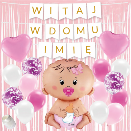 Box balonowy WITAJ W DOMU IMIĘ - złoty + bobas różowy kurtyna