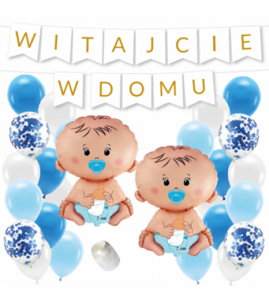 Box balonowy WITAJCIE W DOMU - złoty + 2x bobas niebieski