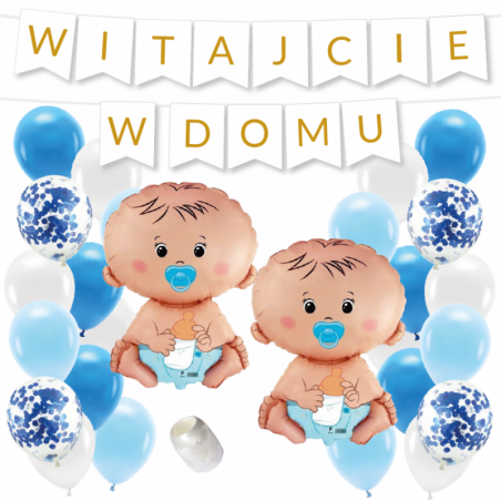 Box balonowy WITAJCIE W DOMU - złoty + 2x bobas niebieski