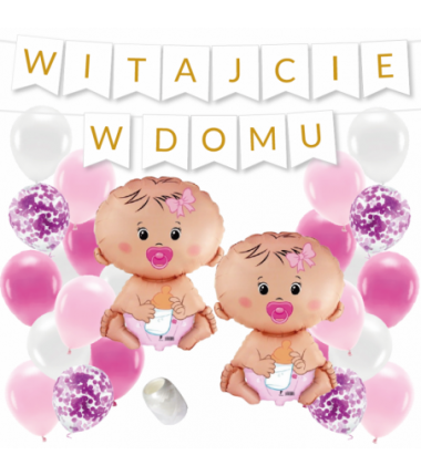 Box balonowy WITAJCIE W DOMU - złoty + 2x bobas różowy
