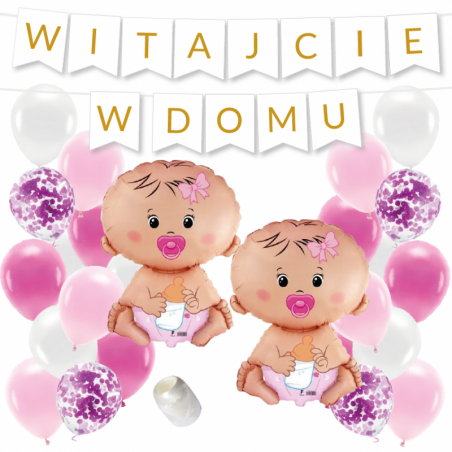 Box balonowy WITAJCIE W DOMU - złoty + 2x bobas różowy