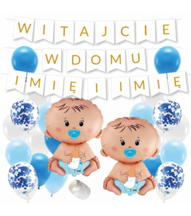 Box balonowy WITAJCIE W DOMU 2x IMIĘ - złoty + bobas niebieski