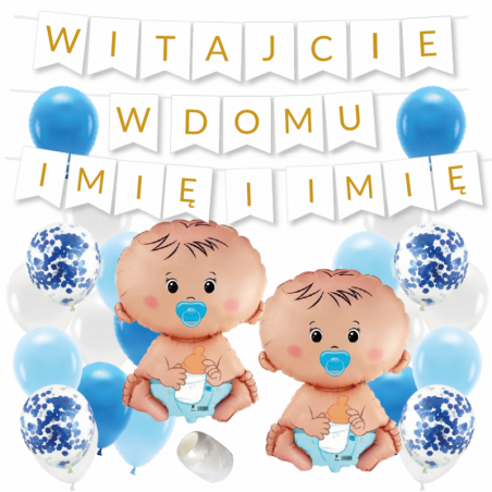 Box balonowy WITAJCIE W DOMU 2x IMIĘ - złoty + bobas niebieski